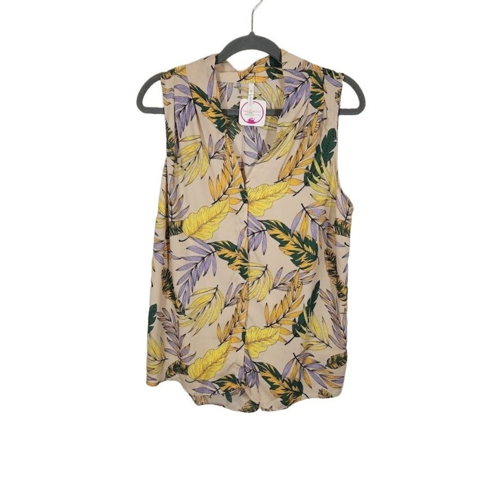 DNA Couture Sleeveless V-neck Tropical Leaf Print‎ Blouse in Tan - Size 1X